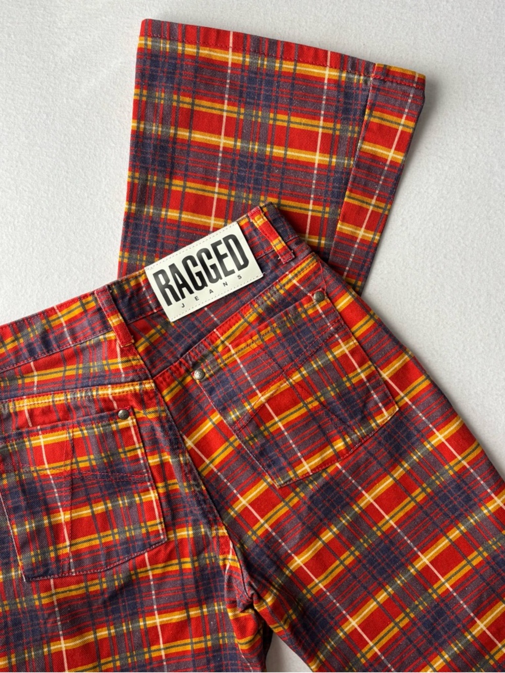 The Ragged Priest Oblivion Rainbow Plaid Bell Bottom Jeans Sz 26 Retro Bloquette